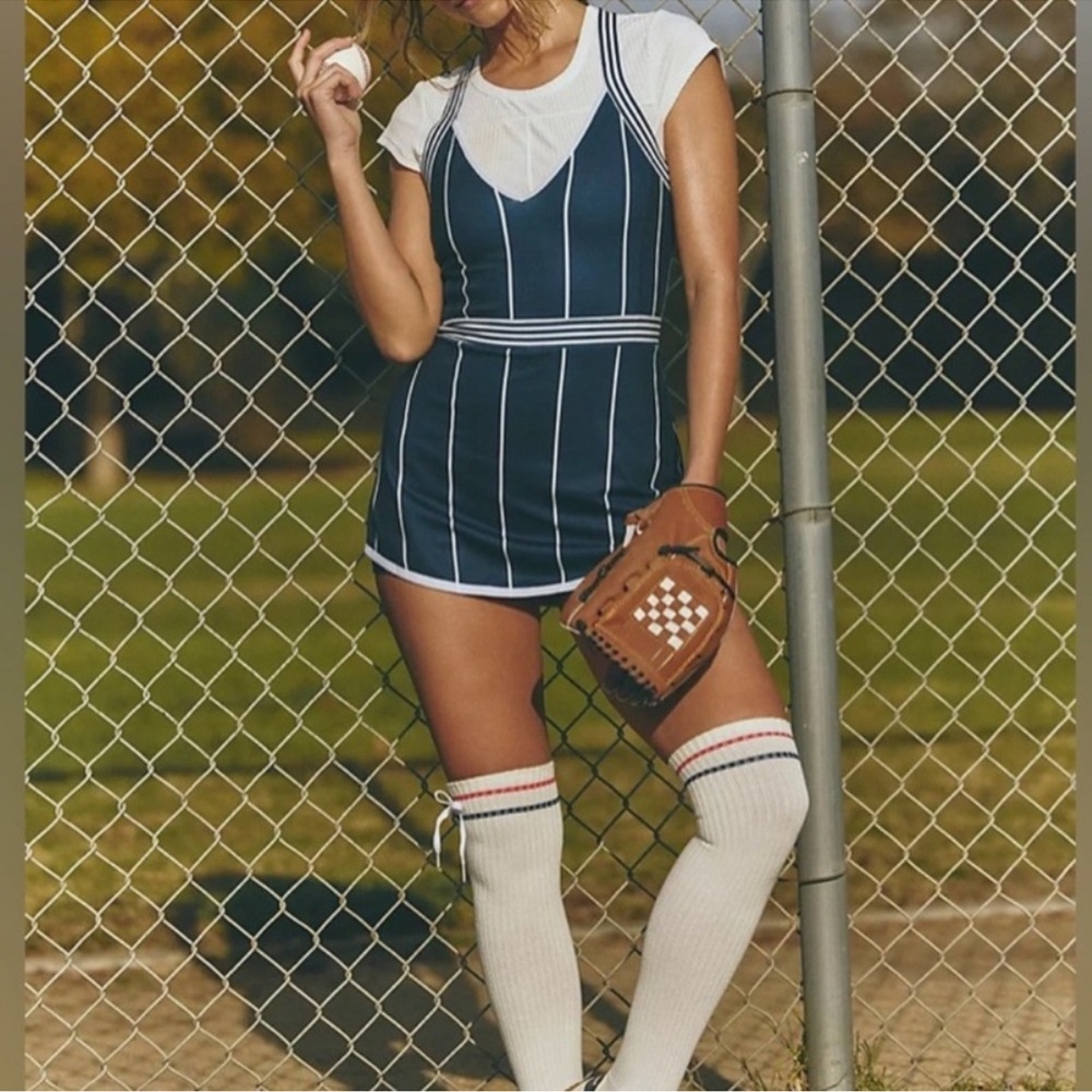 Free People Cool On The Court Tennis Romper Dress in Pinstripe Navy Combo Size L